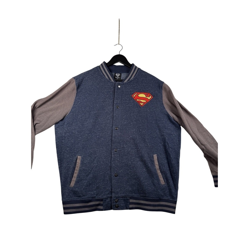 Superman Mens Varsity Bomber Jacket Blue‎ Gray Snap Front XL DC Comics Logo